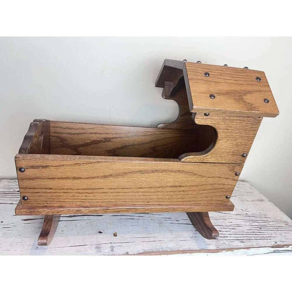 Vintage Handmade Wooden Doll Cradle Rocking Bed Folk Art Primitive Toy Country
